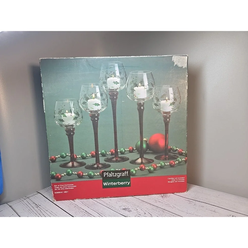 PFALTZGRAFF Set of 5 Hurricane Red Stem Candle‎ Votive Holders WINTERBERRY